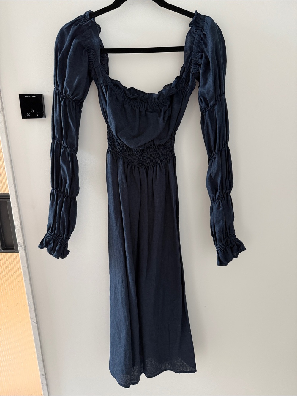 Sleeper Navy off shoulder Smocked Midi Dress
